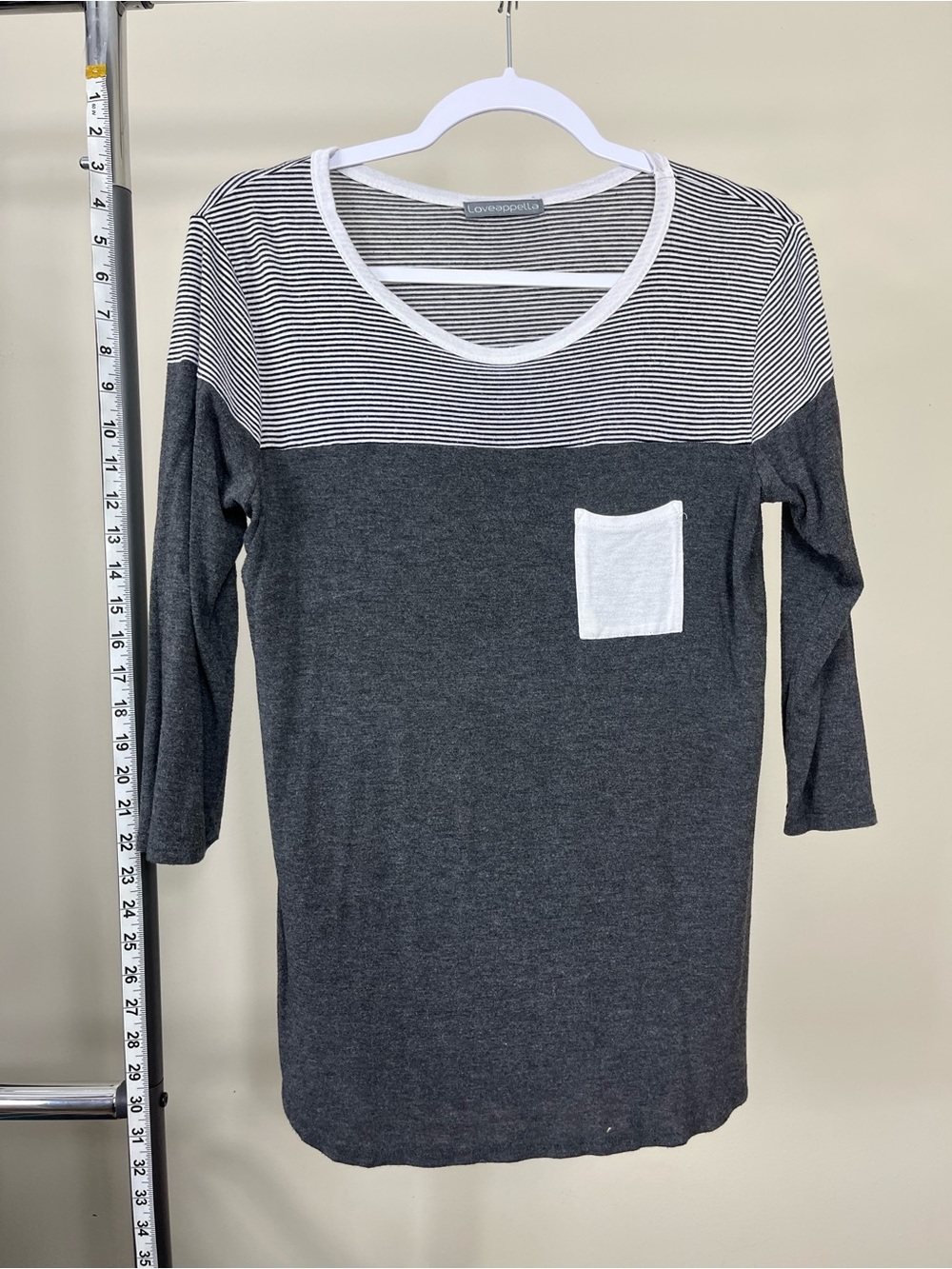 Loveappella Charcoal and White Striped Yoke Scoop Neck Long Sleeve Top